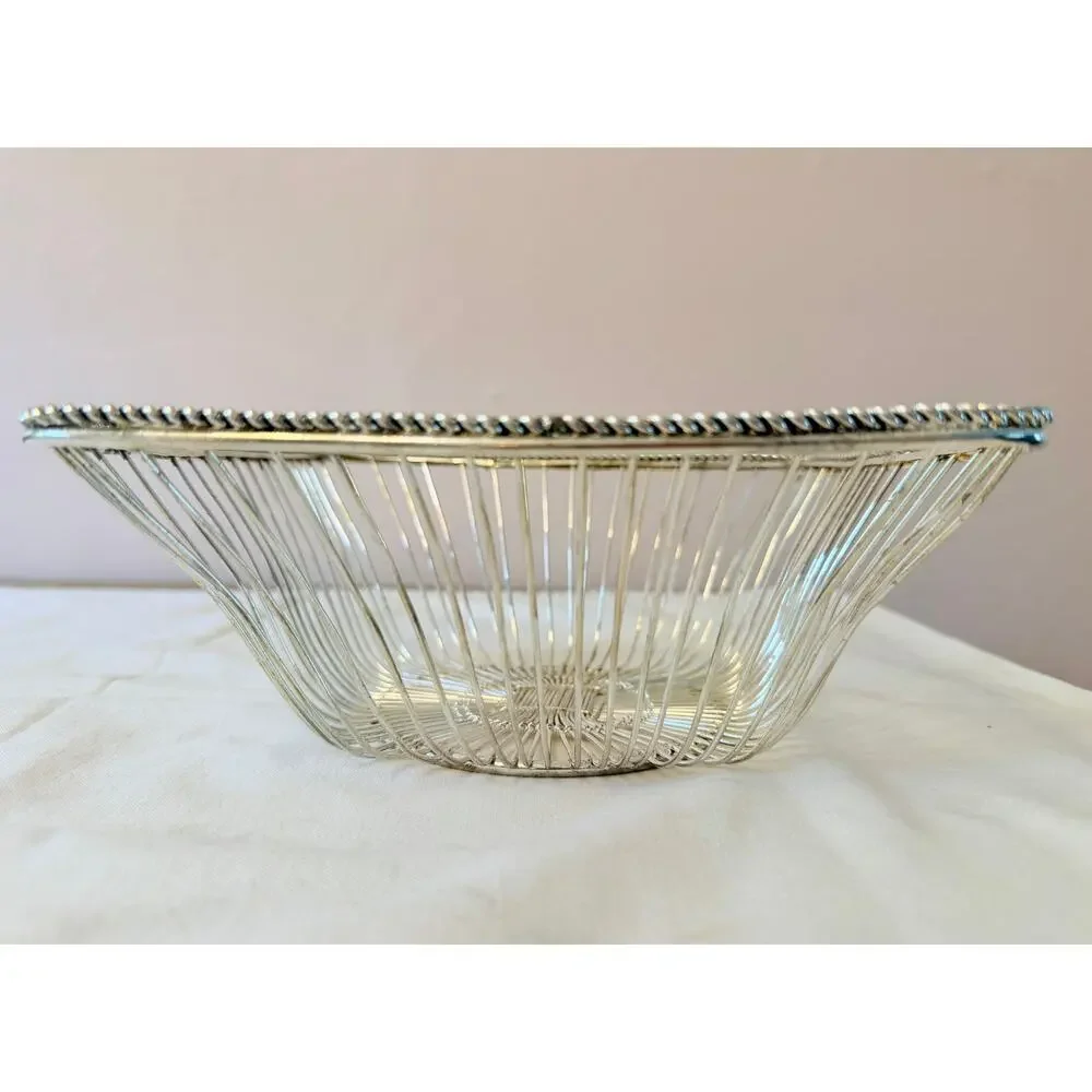 Vintage Silver Plated Wire Bread Basket Square Rope Rim Italian Style Server